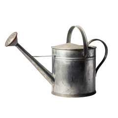 A metallic watering can with a long spout and a curved handle.