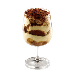 A dessert served in a glass, featuring layers of cream and cookies, topped with cocoa powder.