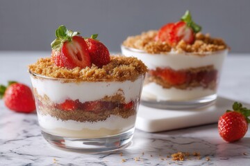 Delicious strawberry parfait dessert in glass bowls with creamy layers and crunchy topping sweet treat photography captures the essence of summer indulgence