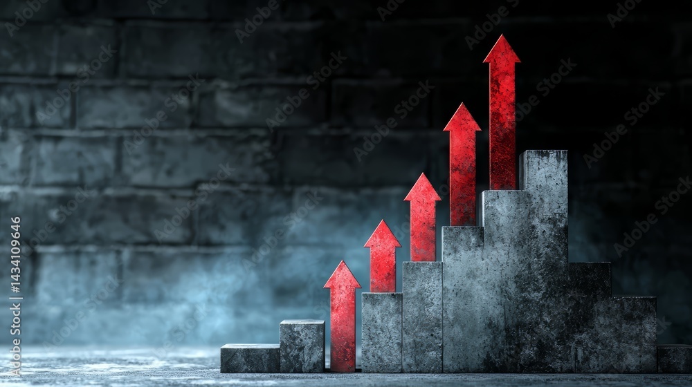 Leinwandbilder series of red arrows are stacked on top of each other in front of a brick wall. concept of progress 