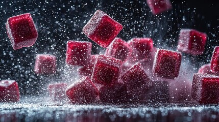 Delectable close-up of sugared red jelly cubes falling with sparkling sugar.