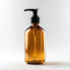 Amber bottle with pump dispenser on white background
