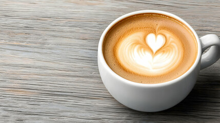 Latte Art in White Mug on Wooden Table