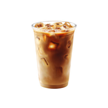 A refreshing iced coffee beverage in a clear cup filled with ice cubes and a creamy coffee blend.