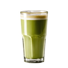 A tall glass filled with a vibrant green beverage, topped with a frothy layer.