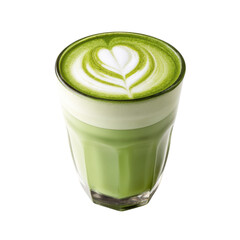 A vibrant green beverage topped with intricate latte art, served in a clear glass.