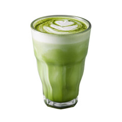 A vibrant glass filled with green matcha latte, featuring a heart-shaped latte art design on top.