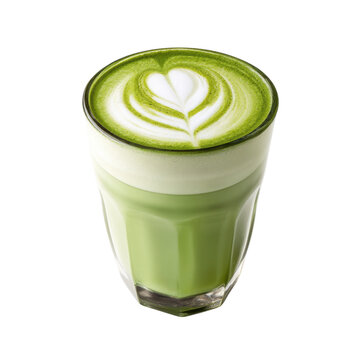 A vibrant green beverage topped with intricate latte art, served in a clear glass.