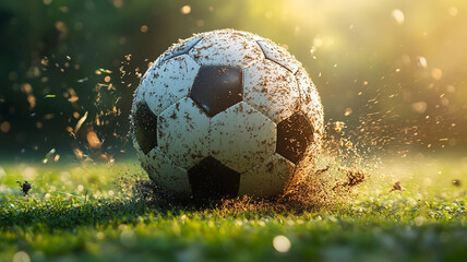 Fototapeta premium Dirty soccer ball splashing on grass in sunlight