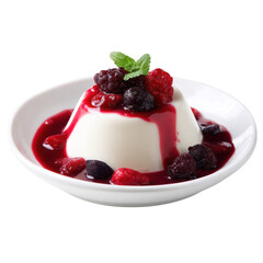 A creamy panna cotta topped with mixed berries and a vibrant berry sauce, garnished with a fresh mint leaf.