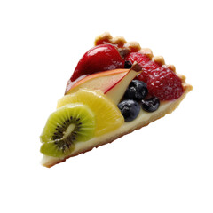 A colorful fruit tart slice topped with kiwi, berries, and apples, showcasing a delicious creamy filling in a crisp crust.
