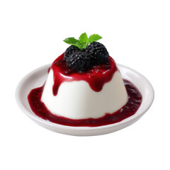 A creamy dessert topped with dark berries and a glossy sauce, garnished with fresh mint leaves.