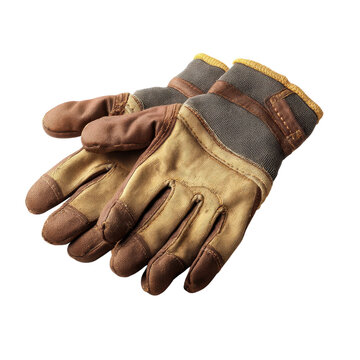 Worn work gloves with contrasting materials and stitching, showcasing durability and utility for various tasks.