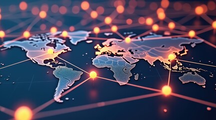 Virtual event platforms Digital world map with glowing network connections and nodes, representing global connectivity and technology.
