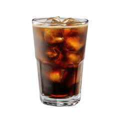 A glass of chilled cola filled with ice cubes, showcasing its dark, fizzy beverage appeal.