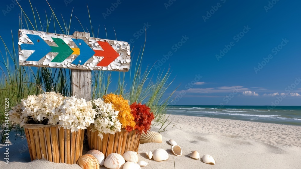 Aufkleber sign with three arrows on it is on a beach. the sign is surrounded by flowers and shells