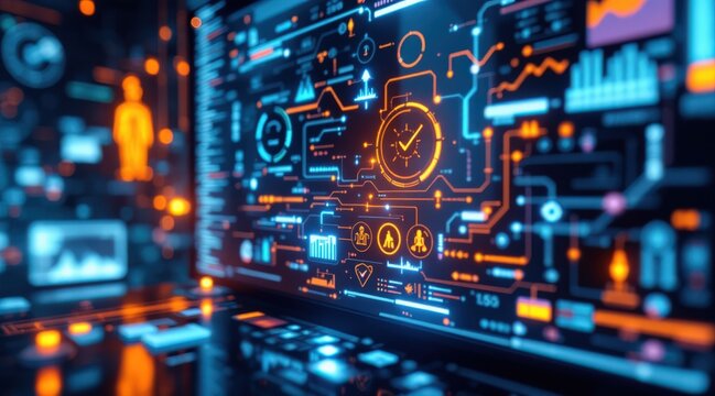 A vibrant digital interface showcasing graphs, clocks, and figures, illustrating data analytics and technology in a futuristic setting.