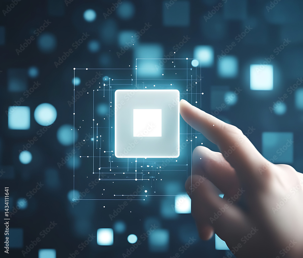 Poster hand touching a digital touch screen, finger pressed onto the white square button in a futuristic in