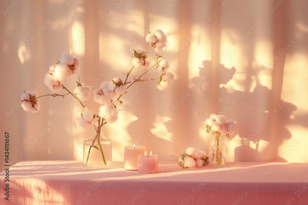 Poster serene composition of cotton flowers in glass vases and candles casting soft shadows on a pink table