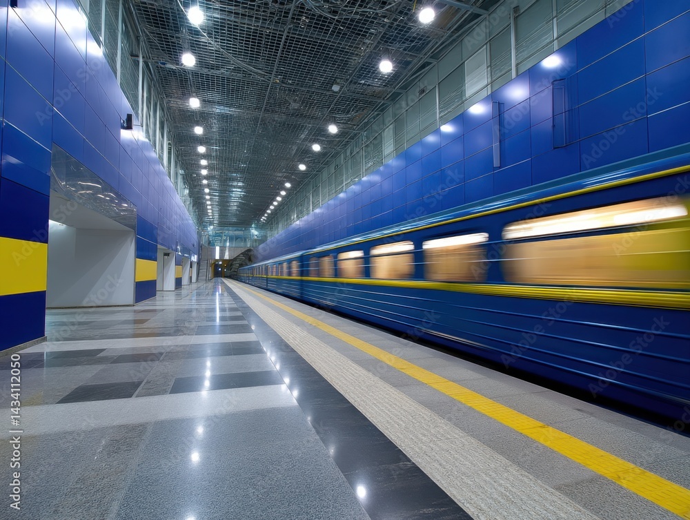 Poster modern subway station with train in motion blur vibrant blue and yellow color scheme urban transport