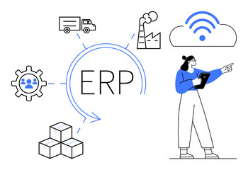Centralized ERP system connecting logistics, production, and cloud data, represented with icons and a woman holding a tablet. Ideal for business management, supply chain, technology, process