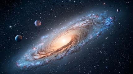Fototapeta premium Spiral galaxy with a bright yellow sun in the center. The galaxy is surrounded by stars and planets