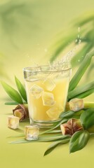 Refreshing sugarcane juice with ice splash in glass against a soft green backdrop tropical vibe