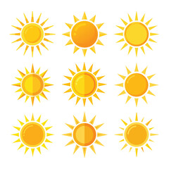 Collection of different sun designs with varying styles vector illustration isolated on white background