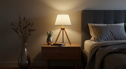 Modern nightstand with wooden lamp and books beside bed
