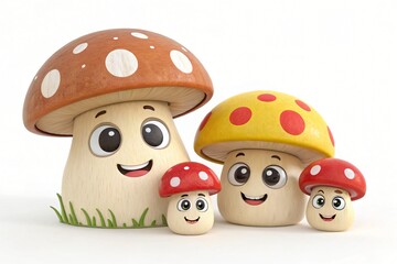 Obraz premium Happy Cartoon Mushroom Family Cute 3D Render of Fungi Characters