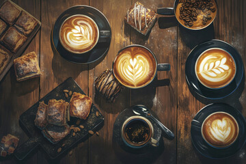 Plate of pastries beside a steaming cup of coffee on a rustic wooden table. Sunlight streams through a window, casting soft shadows.