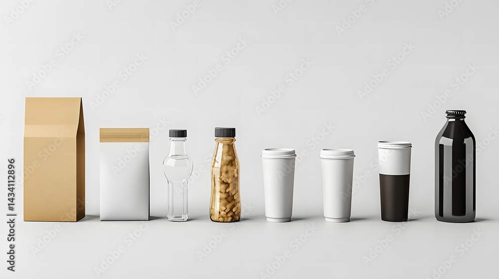 Poster assortment of various types of beverage bottles presented together as a mock-up isolated on a white 