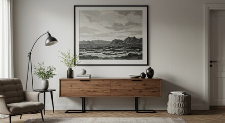 Modern living room with artwork and natural decor elements