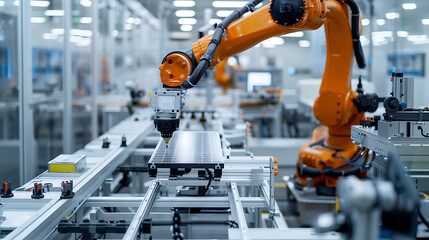 A robotic arm in a high tech cleanroom, assembling parts for robots used in autonomous virtual reality systems, VR-tech style