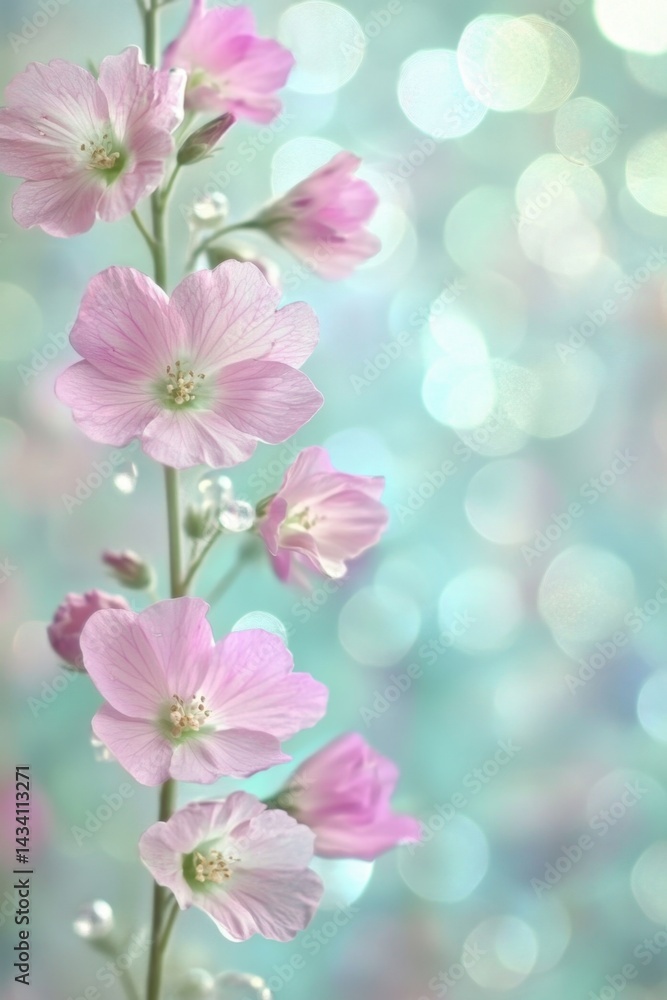 Poster delicate pink flowers bloom against a soft bokeh background creating a serene and dreamy atmosphere 