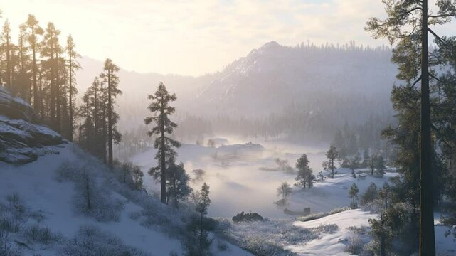 Panoramic view of snow-covered mountains and dense forest under a misty sky, winter nature