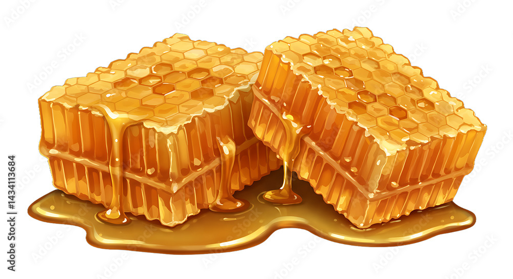 Poster two pieces of honeycomb with honey dripping down and pooling at the bottom of the honeycomb pieces