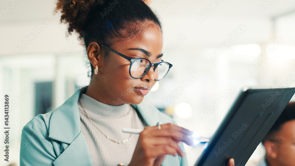 Aufkleber Programmer, woman and writing with tablet in office for coding, software update and web development. Programming, employee and testing digital app with stylus for database integration and debugging