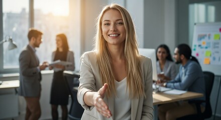 Obraz premium Smiling woman extending a handshake in a modern office setting, emphasizing professionalism, teamwork, and interaction. Background scenes depict team collaboration showing a positive productivity