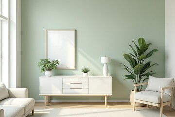 Modern Living Room Featuring a White Credenza Against a Light Green Wall with Indoor Plants and Natural Light                                         