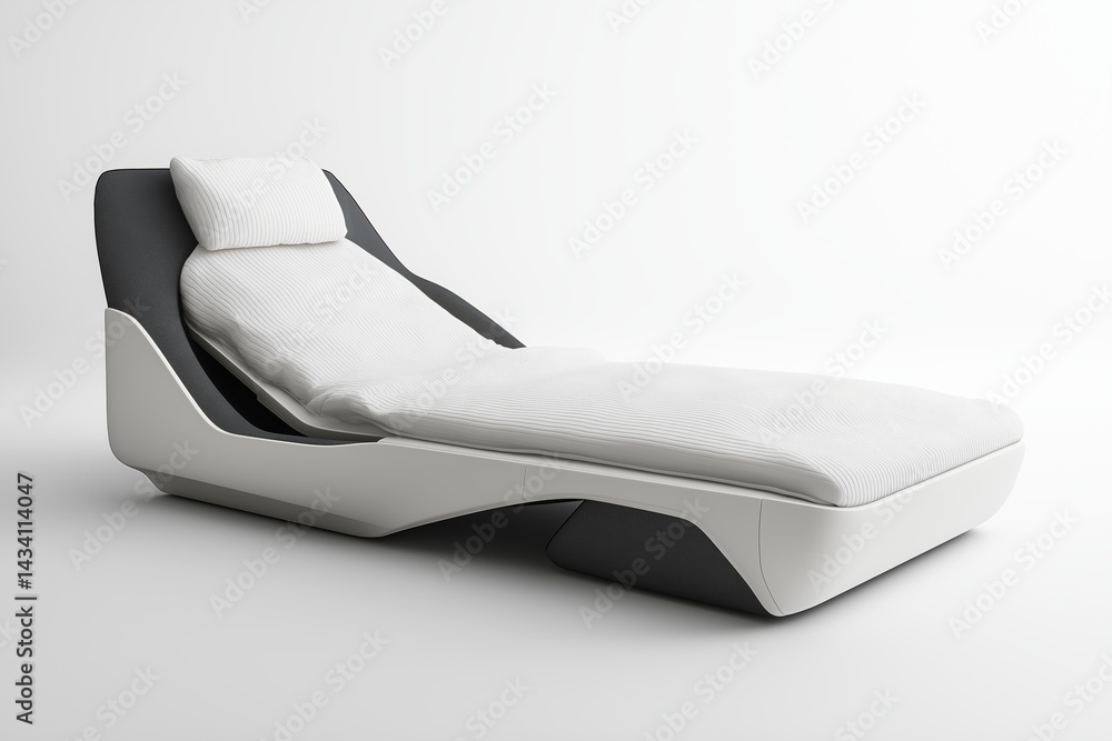 Poster Futuristic minimalist lounge chair design in black and white featuring ergonomic contours and soft fabric for modern comfortable relaxation, Generative AI