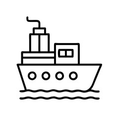 tugboat line drawn vehicles. vector art - outline icon tugboat, isolated transparent background
