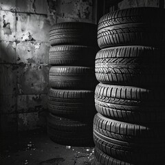 Obraz premium Stacked car tires in dark garage with industrial grunge texture