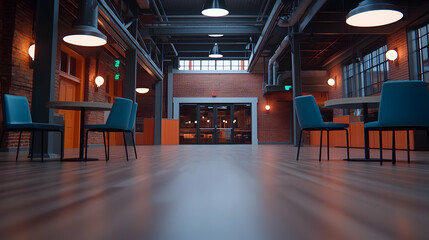 Modern Industrial Loft Studio Interior with Blue Chairs and Wooden Tables