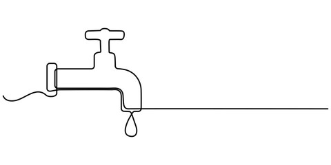 Continuous single line drawing of faucet water tap vector illustration, Water tap with flowing water in one line art style. Minimalist illustration for plumbing, water conservation. 