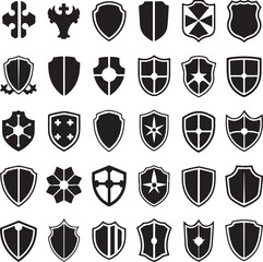 A set of black shield silhouettes arranged in a clean, evenly spaced grid on a white background.