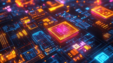 Obraz premium Abstract technology background with glowing circuit board elements. Concept for digital technology, data processing, and artificial intelligence.