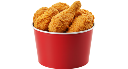 A bucket filled with crispy golden fried chicken pieces on a plain black background studio shot