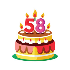 Colorful birthday cake with number 58 candles vector illustration isolated on white background