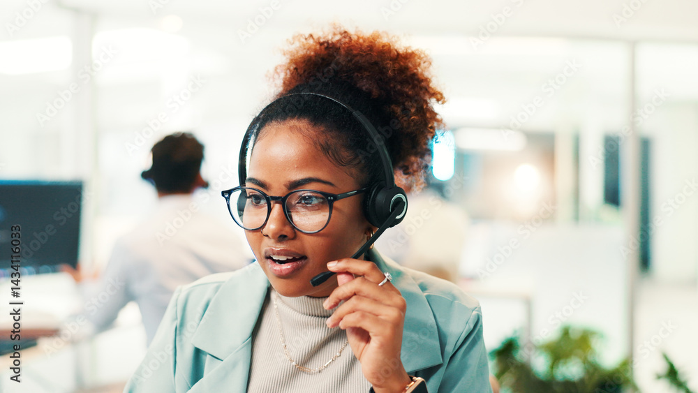 Poster headset, woman and technical support agent in office for communication, contact us or networking. te